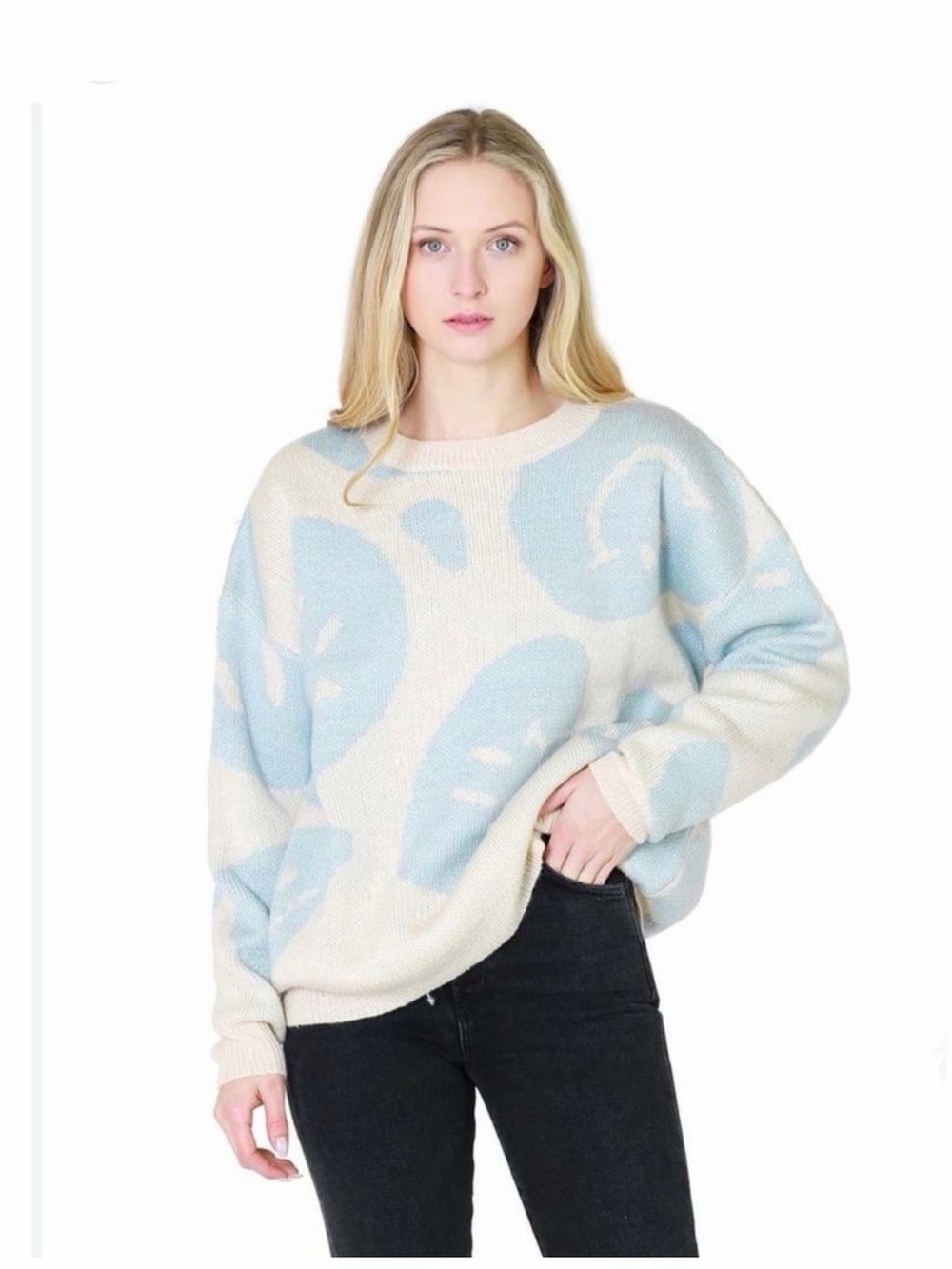 Relaxed Cream & Light Blue Patterned Women's Oversized Sweater